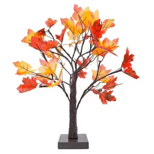 Indoor Outdoor Autumn Harvest Home Decor 24 LED Thanksgiving Decorations Artificial Fall Lighted Maple Bonsai Tree Table Lights