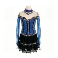 Robe de patinage artistique bleu-noir à manches longues en maille avec strass, jupe à volants en dentelle pour enfants et adultes, pour compétition et performance