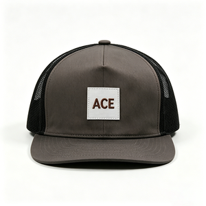 Two Tone Brown Front Fabric Black Mesh Back Character Y2K Trucker <b>Cap</b> Custom Leather Patch Logo Curved Brim 5 Panel Baseball <b>Hat</b> - Product Image 3
