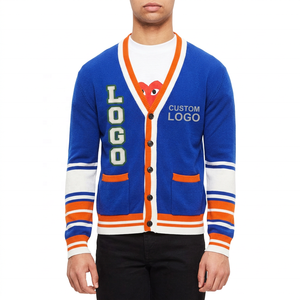 <b>Men's</b> Winter Blue V-Neck Double Breasted Button Closure <b>Cardigan</b> Full Sleeve Solid Color for Schools Colleges with Custom Logos - Product Image 1