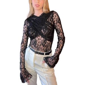 Body en dentelle noir personnalisé 2026 pour femme, haut transparent à manches longues, tenue de club pour femme - Product Image 1