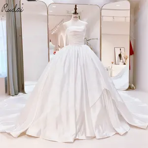 Ruolai ZD05061 gaun pernikahan tanpa tali, gaun pengantin Satin polos elegan tanpa tali tanpa lengan