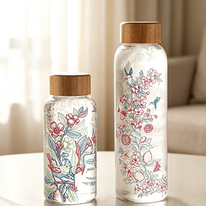 Bouteille en verre à changement de couleur sensible au froid, motif floral, avec couvercle en bambou, 10oz 18oz, pour boissons froides, cadeau de Noël - Product Image 1