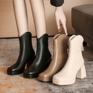 Wholesale Autumn Winter Women Combat Boots Patchwork Square Toe Chunky Heel ZIP Closure Anti-Slip PU Upper Rubber Outsole