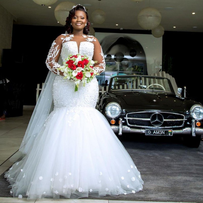 ON465 Wedding Dress - Sheer Neck Pearls Beads Illusion