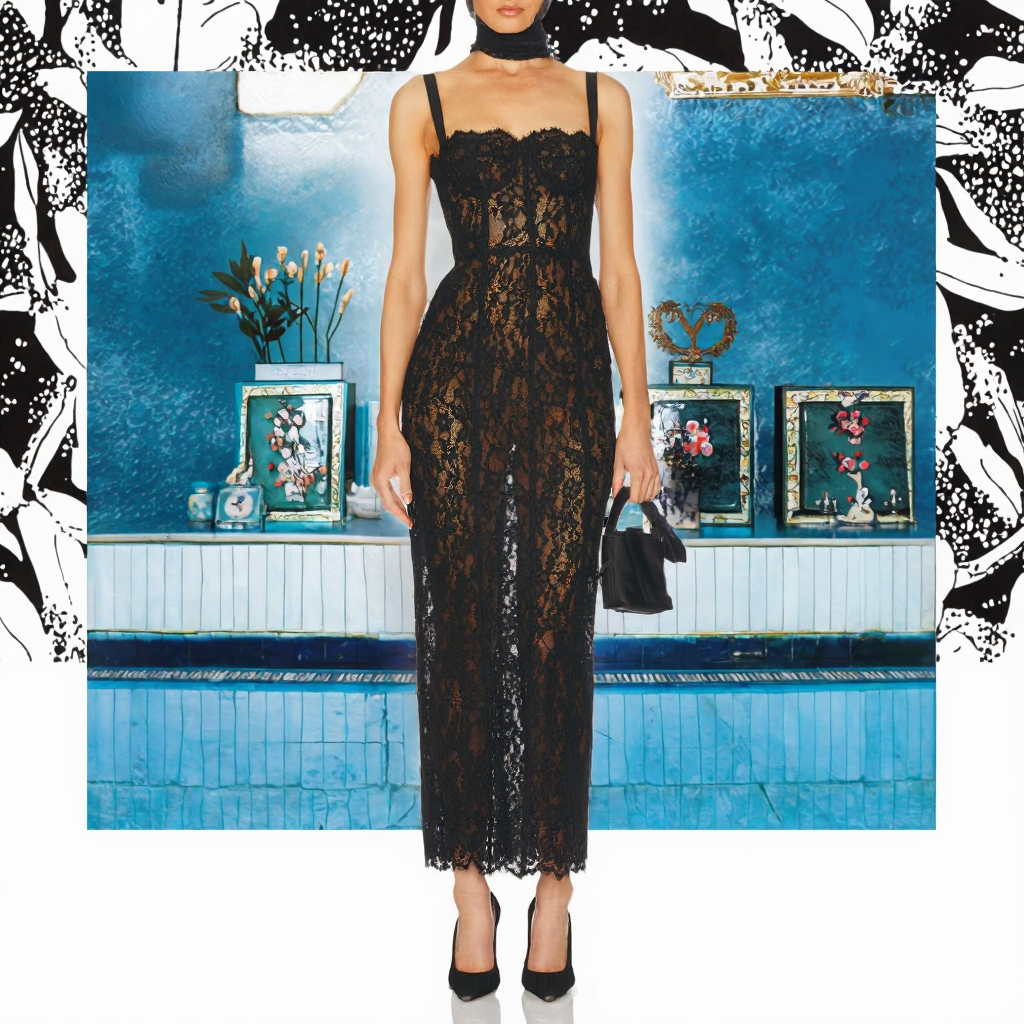 Elegant Luxury Women's Black Floral Lace Bodycon Dress Sexy Spaghetti Strap  Straight for Evening Celebrities| Alibaba.com