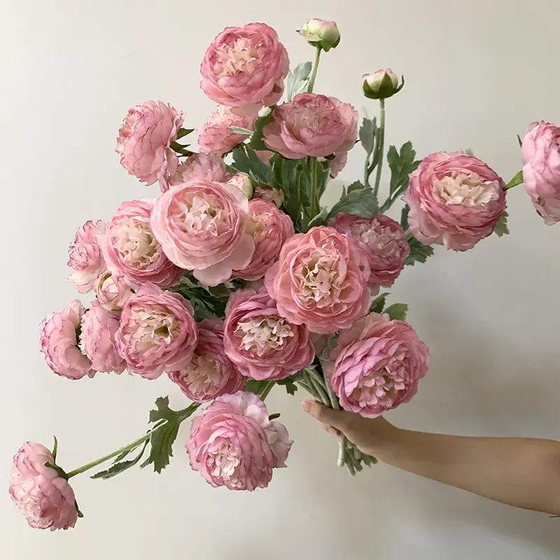 ดอกไม้ผ้าไหมเทียม Ranunculus 3หัว,ดอกไม้สำหรับตกแต่งบ้านงานแต่งงานงานเลี้ยงตกแต่งด้วยฝุ่นสีชมพู