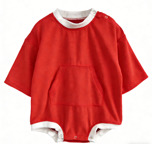High Quality Romper Baby Clothes Terry Cloth Baby Middle Sleeve Romper Contrast Trim Chest Pocket Toddler <strong>Onesie</strong> for 0-3T - Product Image 4