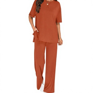 Ensemble coordonné en tricot pour femmes, 2 pièces, couleur unie, col rond, manches courtes, coupe ample, pantalon long, ensemble coordonné décontracté pour femmes - Product Image 4