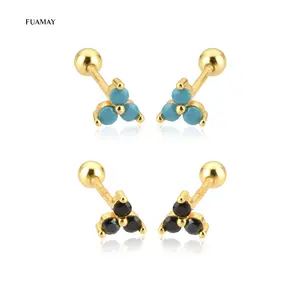 Fuamay Blue Turquoise Stone Round Diamond Stud Earrings Multi Color Gemstone Dot Stud Earrings 925 Sterling Silver