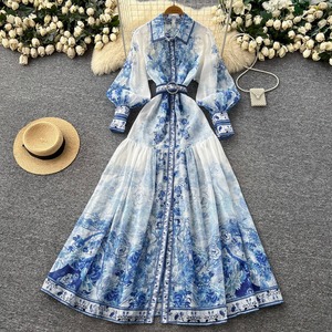 Robe longue élégante et décontractée à imprimé floral vintage, coupe trapèze, taille ajustée, manches longues, prix compétitif, idéale pour le printemps - Product Image 1