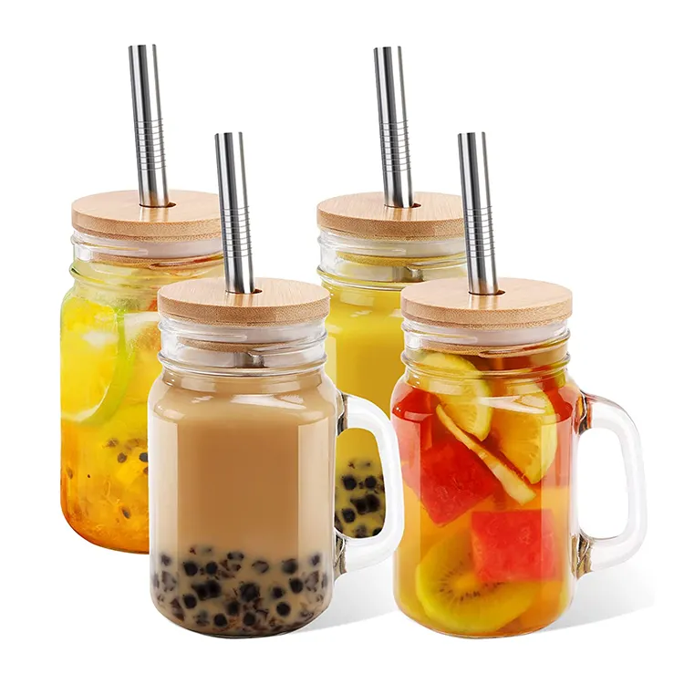 Personnalisé 24Oz Tasses à Boire Transparent Carré Bocal En Verre Avec Poignée Et Paille Pour Jus De Thé Au Lait