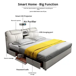 Letto Moderno in Tessuto e Pelle con Massaggio, Contenitore, Arredamento per Casa, Letto Matrimoniale con 2 Cassetti Multifunzionale per Camera da Letto e Hotel - Product Image 2