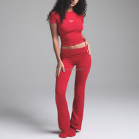 Ensemble de vêtements de yoga pour femmes, t-shirt à manches courtes moulant, pantalon de yoga évasé en coton tricoté brodé, ensemble deux pièces