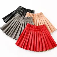 Falda plisada de cuero PU para niñas de 2-15 años, Falda corta de cintura elástica, lisa, plisada, P107037
