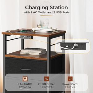 Phòng ngủ màu đen cổ điển Trạm Sạc Đèn LED Mở Kệ lưu trữ vải ngăn kéo cao đầu giường Bàn Cạnh Giường ngủ - Product Image 4