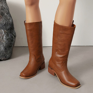 Bottes hautes pour femmes, style rétro britannique, bottes mi-hautes pour femmes, bottes de chevalier à enfiler, bottes longues pour femmes automne et hiver - Product Image 3