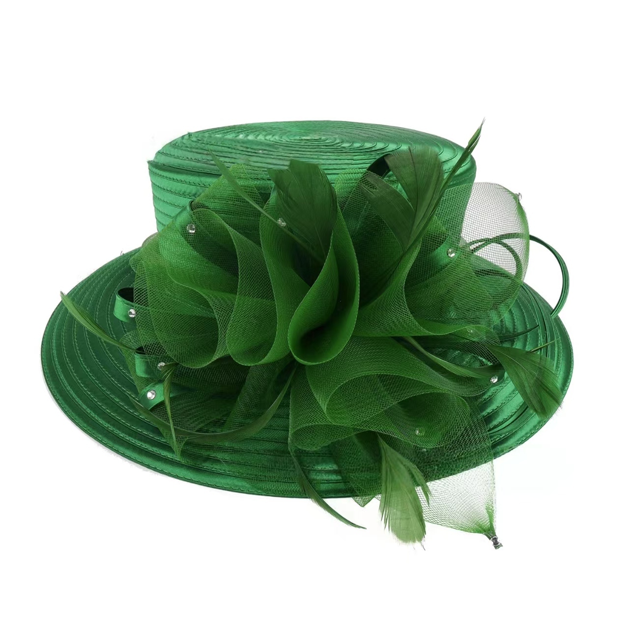 HOT LADY Derby Dress Church Cloche Hat Green Lawliet Wide Brim Summer Hats for Women Feathers Netting  main image 4