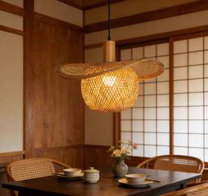 Lustre moderne en bambou pour café, restaurant, salle à manger, cuisine, luminaire décoratif de plafond, abat-jour naturel - Product Image 6