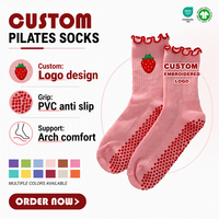 Chaussettes de Pilates en coton personnalisées avec logo, pour femmes, à volants, imprimé fraise et cerise brodé, antidérapantes en PVC, chaussettes mi-mollet