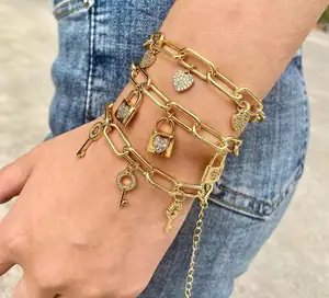 Wholesale Zircon Charms Copper Gold Plated Lock/Key/Heart Lobster Clasp Wrist Jewelry Brass Heart Bracelet Jewelry