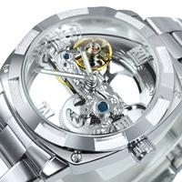 Montre mécanique automatique Winner GMT1165, design transparent, squelette, bracelet en acier inoxydable, montre-bracelet pour homme