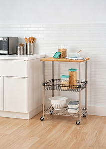 Étagère de rangement à 3 niveaux en fil métallique avec plateau en bois, chariot utilitaire roulant pour cuisine, salle de bain, bureau, garage, buanderie - Product Image 2