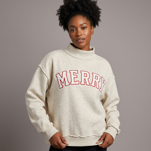Sudadera Oversize Personalizada para Mujer con Cuello Alto y Estampado de Letras 'Merry', Top de Punto de Manga Larga con Hombros Caídos, Ropa de Invierno - Product Image 1