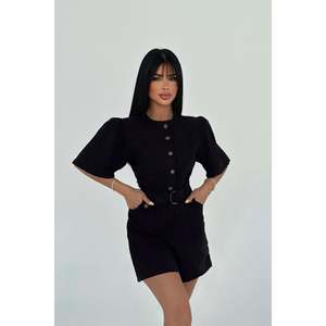 Mono de pana negro con cintura alta, cierre de botones y estampado para fiestas de verano o otoño, fitness o suministro ODM - Product Image 3