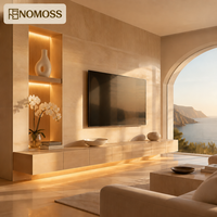 Mueble de TV de Pared Completo de Lujo Estilo Rústico Personalizado con Panel de Piedra Travertino e Iluminación LED para Villa
