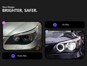 Conjunto de Faros Delanteros para <span class=keywords><strong>BMW</strong></span> <span class=keywords><strong>E60</strong></span> Serie 5 <span class=keywords><strong>520i</strong></span> 523i 525i 530i 2003-2010, Ojo de Ángel, Lente de Proyector Bi-Xenón, Actualización LED DRL - Product Image 5