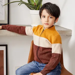 2022 Musim Dingin Anak Laki-laki 100% Katun Ritsleting Anak-anak Kardigan Mantel Zip Up Bergaris Rajutan Kardigan Sweater untuk Anak-anak