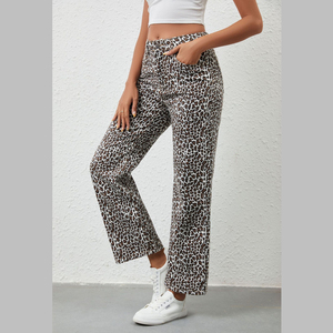 Jeans de Pierna Recta de Cintura Alta con Estampado de Leopardo para Mujer, <span class=keywords><strong>Pantalones</strong></span> Capri de Mezclilla de Pierna Ancha con Estampado de Guepardo - Product Image 2