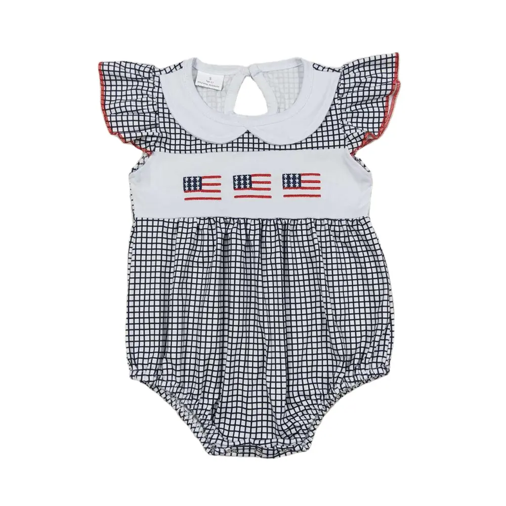 RTS Baby Newborn Infants Girls Flutter Sleeve Dark Blue Checkered Flags Embroidery Boutique Wholesale Summer Colorful Rompers