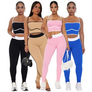 Set da donna 2 pezzi da allenamento a coste senza maniche <span class=keywords><strong>con</strong></span> pantaloni elastici a vita alta completo sportivo due pezzi <span class=keywords><strong>tuta</strong></span> da Yoga da palestra - Product Image 1