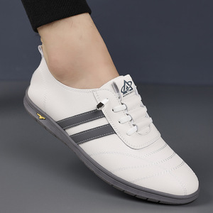 Aoweizhi Men's Summer Lace-Up Casual Round Toe Leather Shoes <b>Rubber</b> Outsole Anti-Slip Driving Embossed Logo Solid Color Striped - Product Image 4