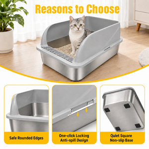 Caja de arena para gatos de acero inoxidable de alta resistencia, fácil de limpiar, gran capacidad, duradera, semicerrada, para gatos con orina abundante - Product Image 5