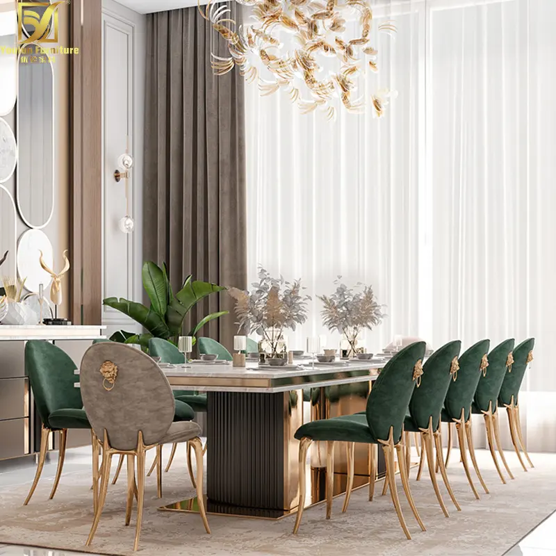 Conjunto de mesa de jantar, cadeiras de luxo de prata 240cm 8 lugares para sala de jantar, 6 móveis, mármore