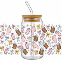 Autocollants de transfert UV DTF à motif de dessin animé avec nœud et tasse en forme de cœur rose pour bouteilles en verre, tasses et ordinateurs portables