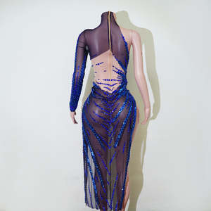 <span class=keywords><strong>Vestido</strong></span> Maxi Asimétrico de un Solo Hombro con Abertura Alta, de Malla con <span class=keywords><strong>Lentejuelas</strong></span> Azules y Aplicaciones a Mano, para Actuaciones en Escenario, Discotecas y Showgirls, Modelo Sapphire Surge - Product Image 4