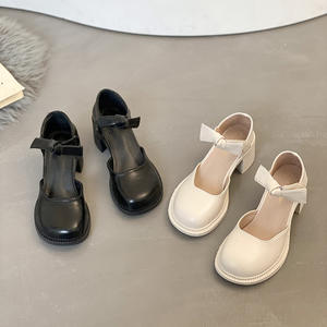 <span class=keywords><strong>Chaussures</strong></span> en cuir pour femmes élégantes/ballet à grosse tête vintage à talons hauts nouvelle tendance à la mode tempérament petite fée à nœud noir - Product Image 1
