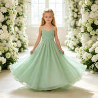Gaun Formal Anak Perempuan Warna Hijau Muda OEM, Tali Spaghetti, Model A-Line, Bahan Satin, untuk Pesta Liburan, Gaun Putri, Gaun Ulang Tahun Anak