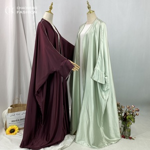 1427#B New Arrival Muslim Women Silver Diamond <b>Cardigan</b> Islamic Clothing Light Shiny Satin Silk Abaya With Split Cuff - Product Image 1