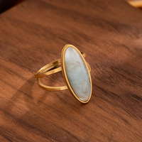 Nouvelle bague ouverte vintage ovale géométrique en acier inoxydable, non décolorante, ajustable, avec pierres naturelles, bijoux de vacances pour cadeaux