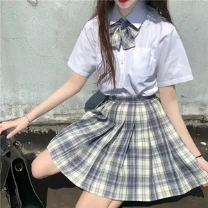 치마 세트 여자 JK 유니폼 활 짧은 소매 셔츠 격자 무늬 주름 치마 정장 소녀 인도에서 만든 여름 학교 소녀 유니폼