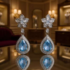 Boucles d'oreilles pendantes en argent E473, motif fleur, serties de cristaux bleus, bijoux de mariage classiques pour femmes, argent 925 - Product Image 2