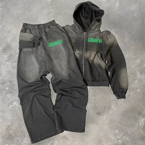 Ensemble sweat à capuche et survêtement épais délavé style vintage, streetwear homme, coupe oversize en coton - Product Image 1