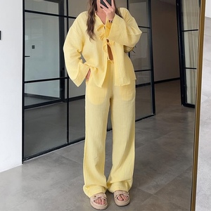 Ensemble de 2 pièces décontractées pour femmes, chemise à manches longues avec nœud papillon de couleur unie, pantalon à jambes larges, tendance - Product Image 4