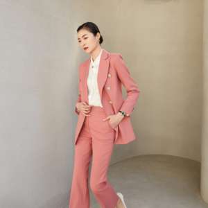 Pantalones de traje de negocios de LICRA/poliéster de manga larga con cuello en V de un solo botón antiarrugas con logotipo personalizado rosa de primera calidad para mujer - Product Image 4