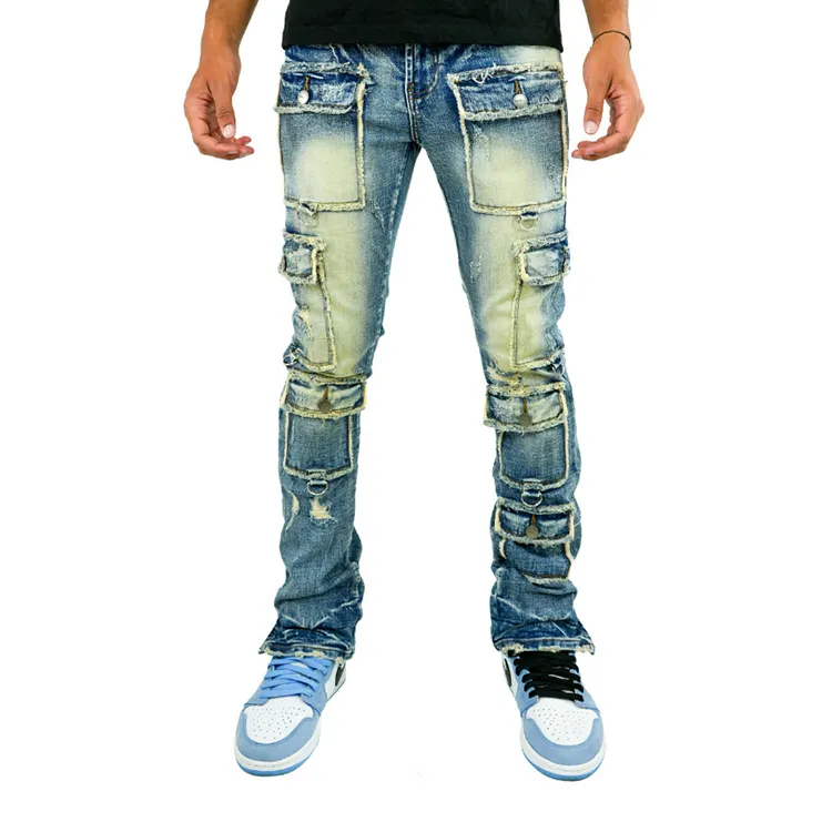 DiZNEW Streetwear Hersteller Custom Logo Ripped Distressed Cargo Jeans hose Y2K Skinny Jeans